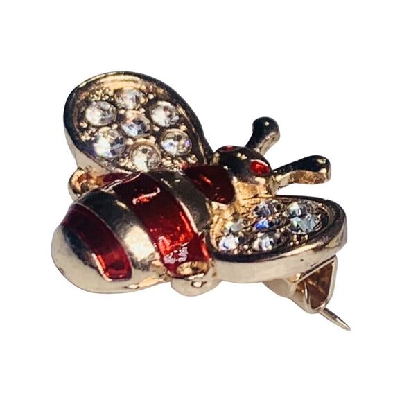 Rhinestone Bumble Bee Brooch Pin 1 1/8”  Red Icy Cute - Picture 3 of 13